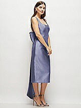 Side View Thumbnail - French Blue Scoop Neck Corset Satin Midi Dress with Floor-Length Bow Tails