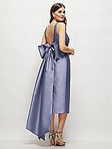 Rear View Thumbnail - French Blue Scoop Neck Corset Satin Midi Dress with Floor-Length Bow Tails