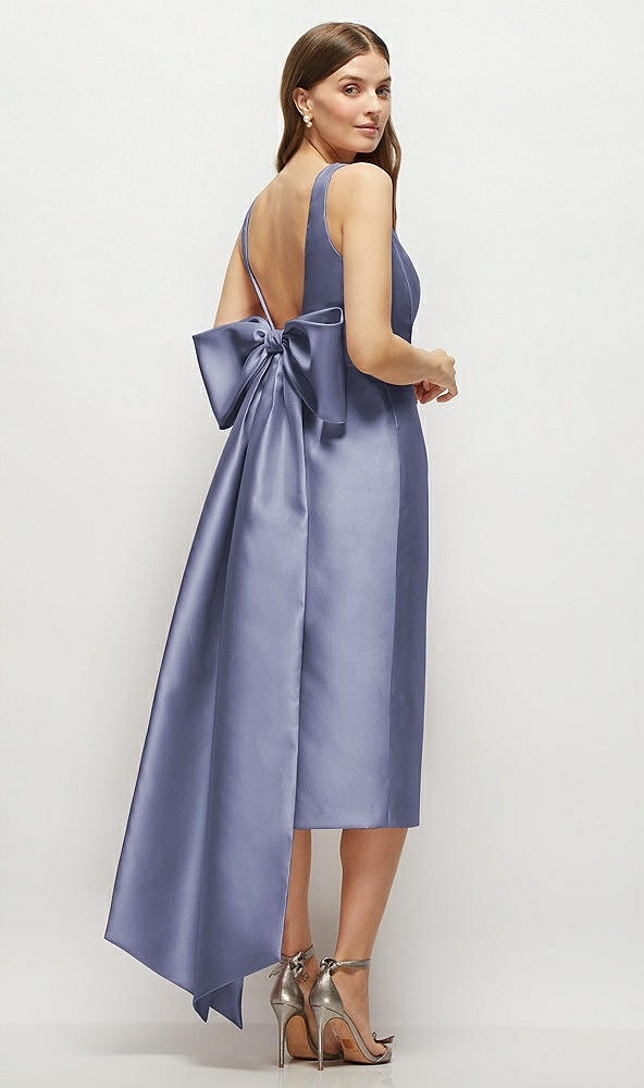 Back View - French Blue Scoop Neck Corset Satin Midi Dress with Floor-Length Bow Tails
