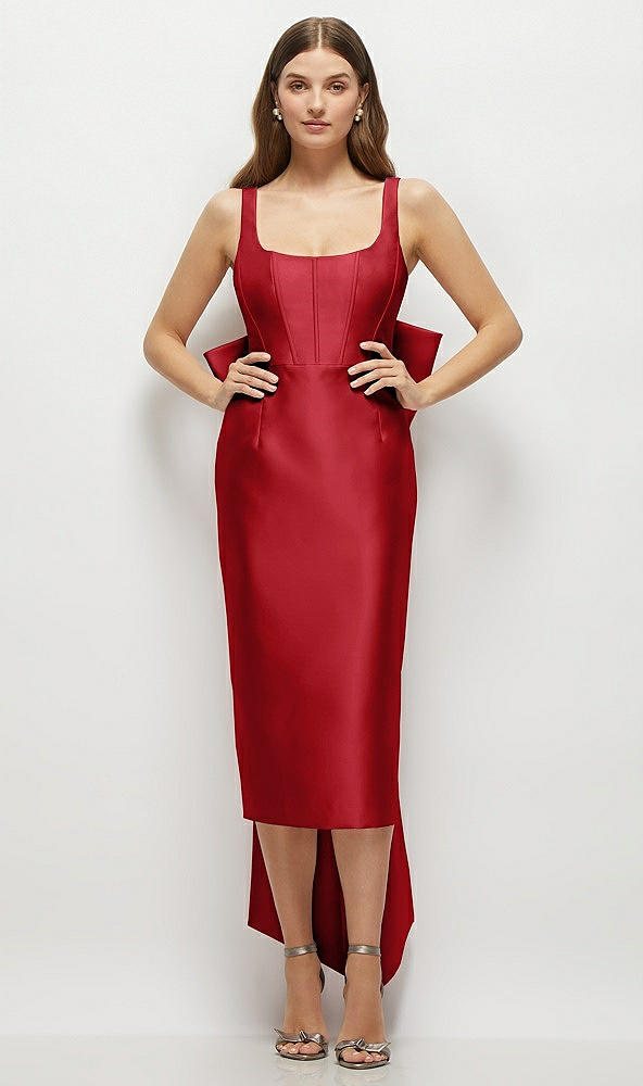 Front View - Garnet Scoop Neck Corset Satin Midi Dress with Floor-Length Bow Tails