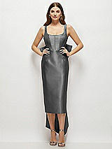 Front View Thumbnail - Gunmetal Scoop Neck Corset Satin Midi Dress with Floor-Length Bow Tails