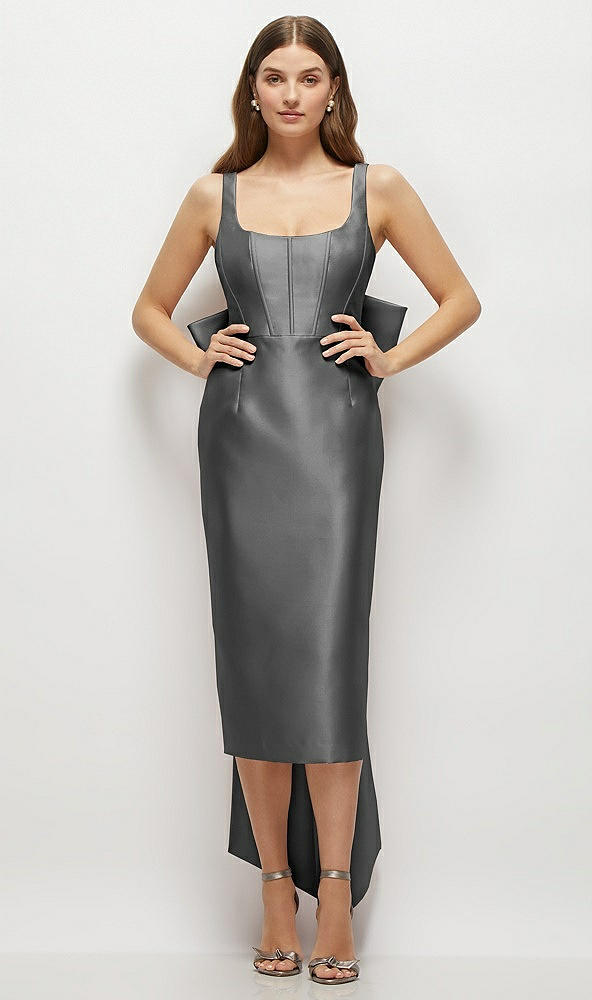 Front View - Gunmetal Scoop Neck Corset Satin Midi Dress with Floor-Length Bow Tails