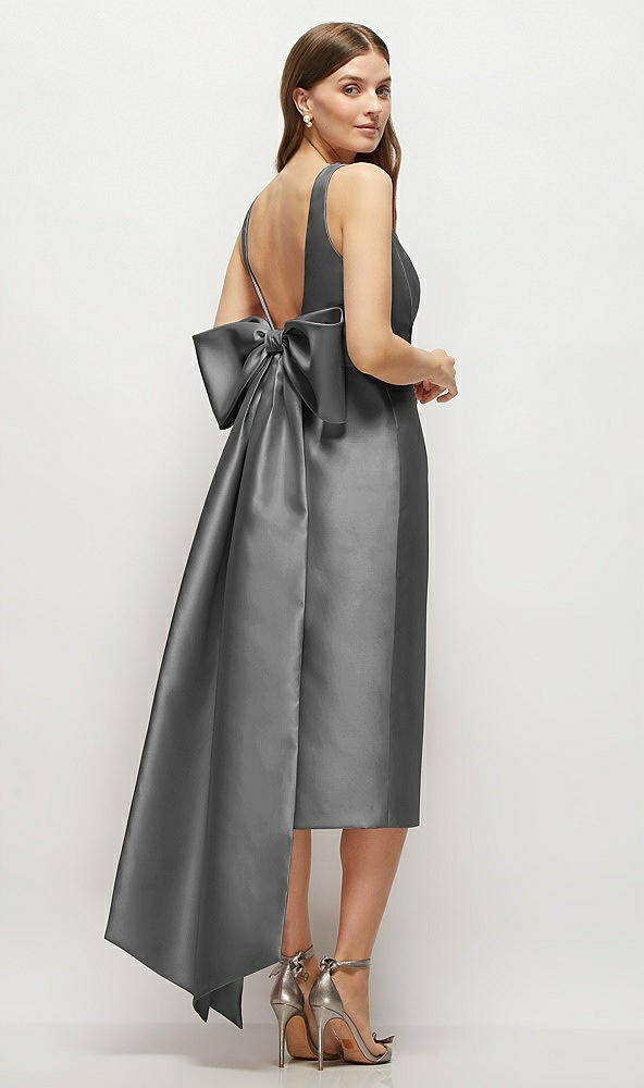 Back View - Gunmetal Scoop Neck Corset Satin Midi Dress with Floor-Length Bow Tails
