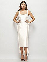 Front View Thumbnail - Ivory Scoop Neck Corset Satin Midi Dress with Floor-Length Bow Tails