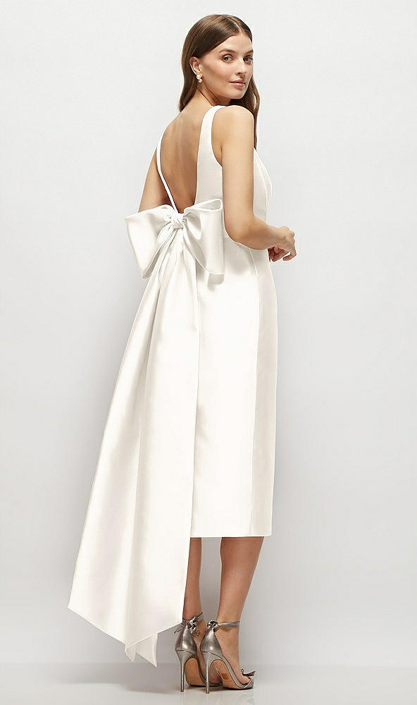 Back View - Ivory Scoop Neck Corset Satin Midi Dress with Floor-Length Bow Tails