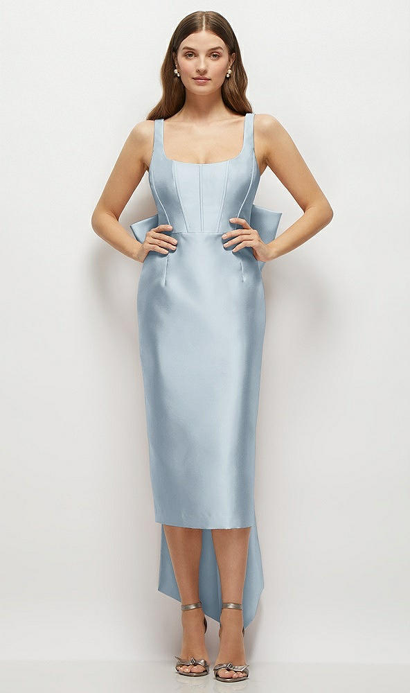 Front View - Mist Scoop Neck Corset Satin Midi Dress with Floor-Length Bow Tails