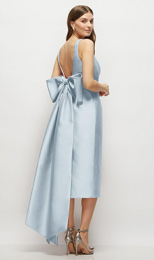 Back View - Mist Scoop Neck Corset Satin Midi Dress with Floor-Length Bow Tails