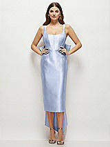Front View Thumbnail - Sky Blue Scoop Neck Corset Satin Midi Dress with Floor-Length Bow Tails