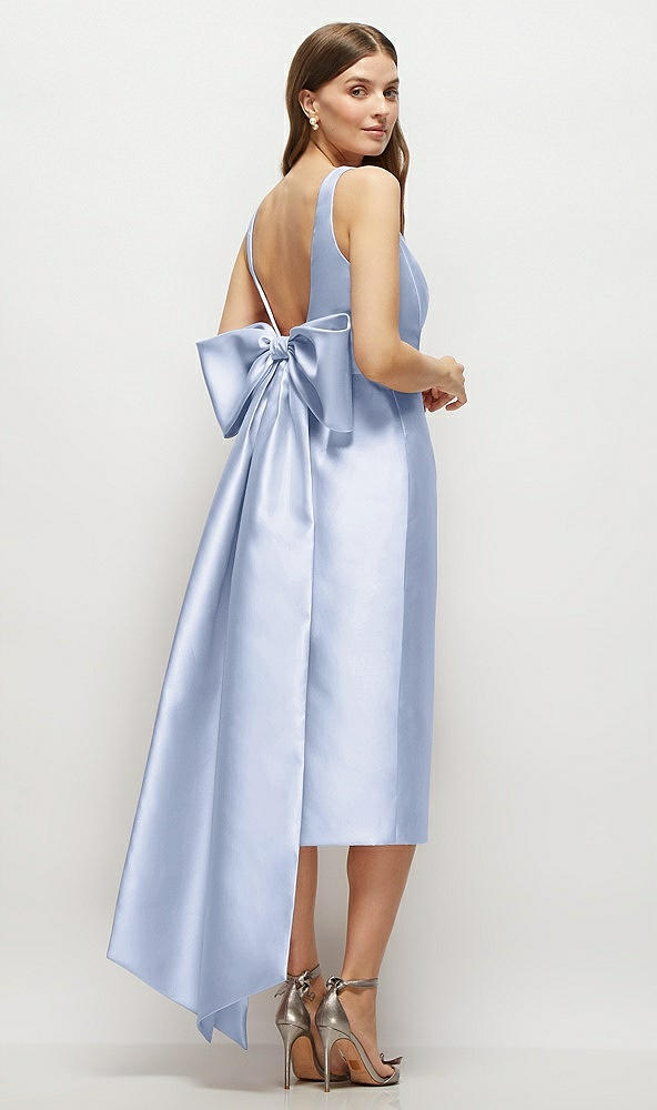 Back View - Sky Blue Scoop Neck Corset Satin Midi Dress with Floor-Length Bow Tails