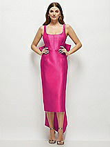 Front View Thumbnail - Think Pink Scoop Neck Corset Satin Midi Dress with Floor-Length Bow Tails
