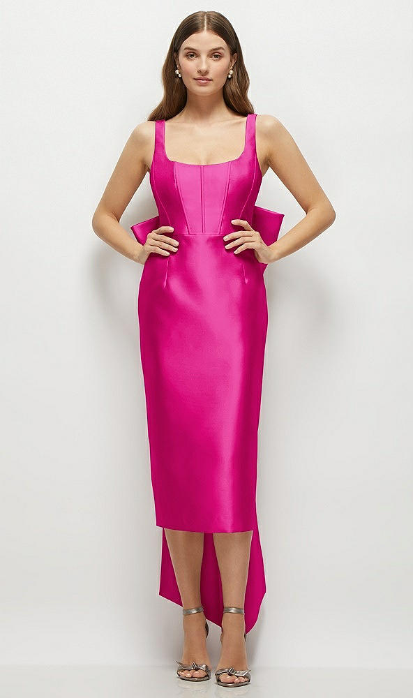 Front View - Think Pink Scoop Neck Corset Satin Midi Dress with Floor-Length Bow Tails