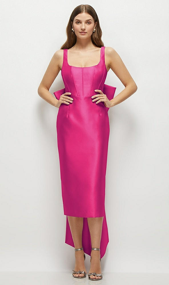 Front View - Think Pink Scoop Neck Corset Satin Midi Dress with Floor-Length Bow Tails