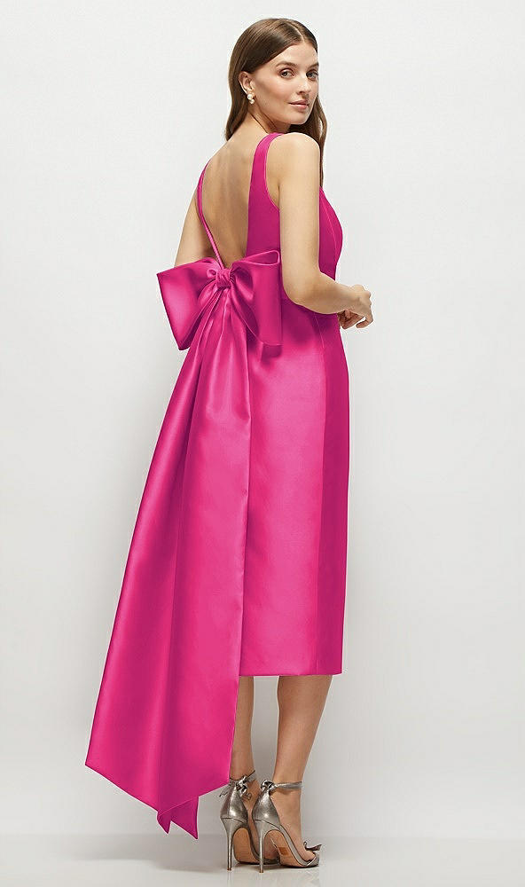Back View - Think Pink Scoop Neck Corset Satin Midi Dress with Floor-Length Bow Tails