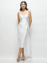 Front View Thumbnail - White Scoop Neck Corset Satin Midi Dress with Floor-Length Bow Tails