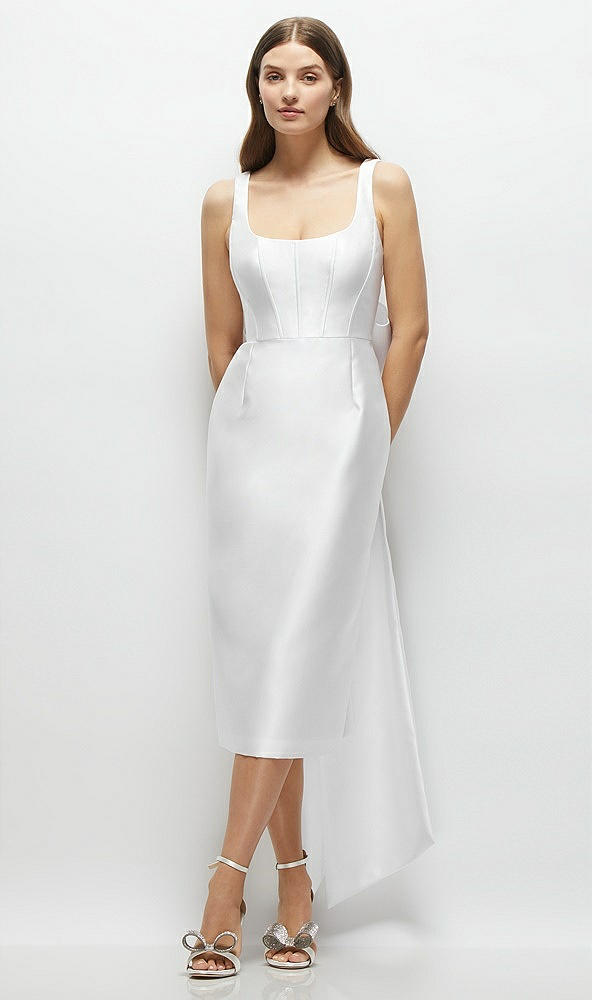 Front View - White Scoop Neck Corset Satin Midi Dress with Floor-Length Bow Tails