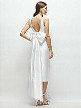Rear View Thumbnail - White Scoop Neck Corset Satin Midi Dress with Floor-Length Bow Tails