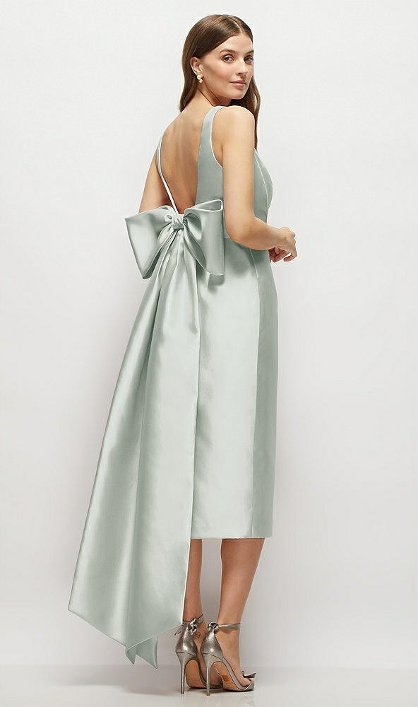 Back View - Willow Green Scoop Neck Corset Satin Midi Dress with Floor-Length Bow Tails