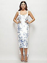 Front View Thumbnail - Cottage Rose Larkspur Floral Scoop Neck Corset Satin Midi Dress with Floor-Length Bow Tails