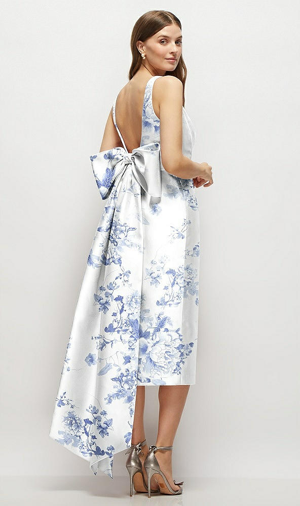 Back View - Cottage Rose Larkspur Floral Scoop Neck Corset Satin Midi Dress with Floor-Length Bow Tails