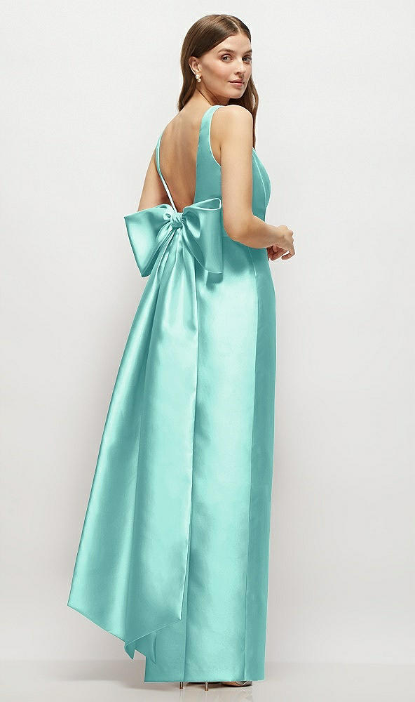 Front View - Coastal Scoop Neck Corset Satin Maxi Dress with Floor-Length Bow Tails