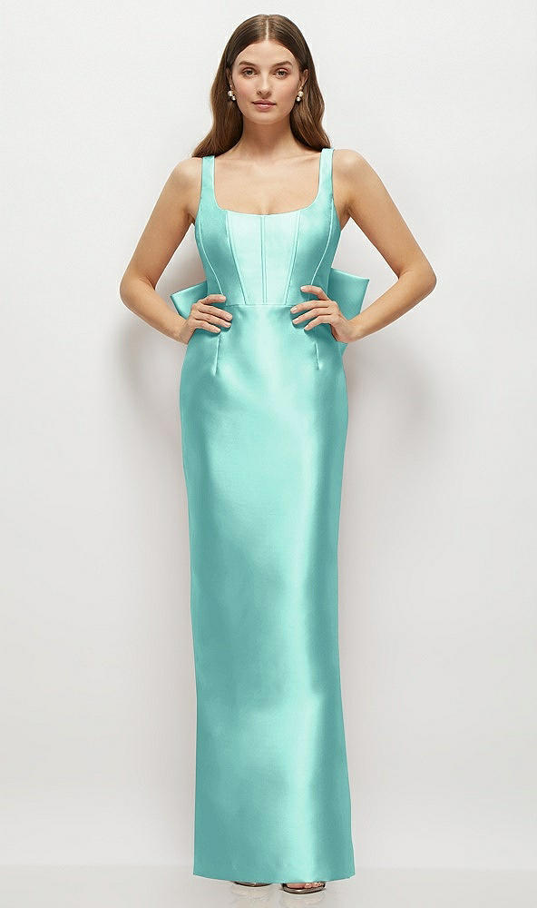 Back View - Coastal Scoop Neck Corset Satin Maxi Dress with Floor-Length Bow Tails