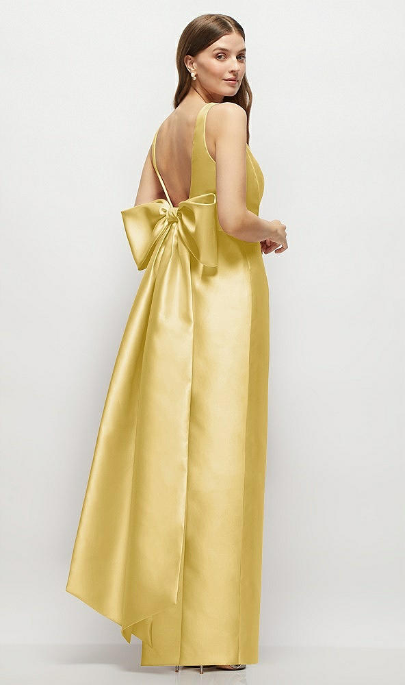 Front View - Maize Scoop Neck Corset Satin Maxi Dress with Floor-Length Bow Tails