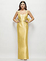 Rear View Thumbnail - Maize Scoop Neck Corset Satin Maxi Dress with Floor-Length Bow Tails