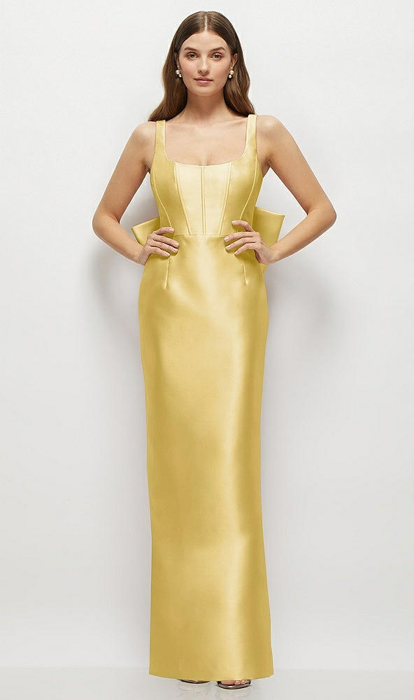 Back View - Maize Scoop Neck Corset Satin Maxi Dress with Floor-Length Bow Tails
