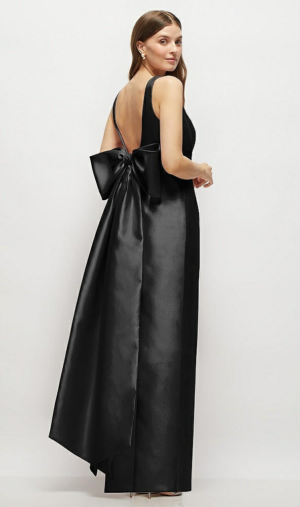 Front View - Black Scoop Neck Corset Satin Maxi Dress with Floor-Length Bow Tails