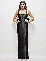 Rear View Thumbnail - Black Scoop Neck Corset Satin Maxi Dress with Floor-Length Bow Tails