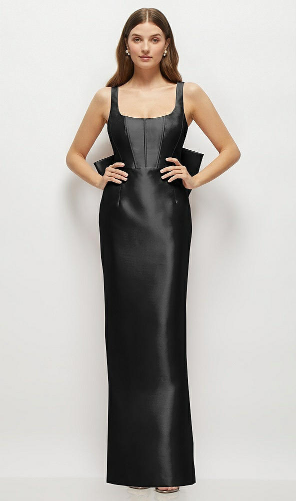 Back View - Black Scoop Neck Corset Satin Maxi Dress with Floor-Length Bow Tails