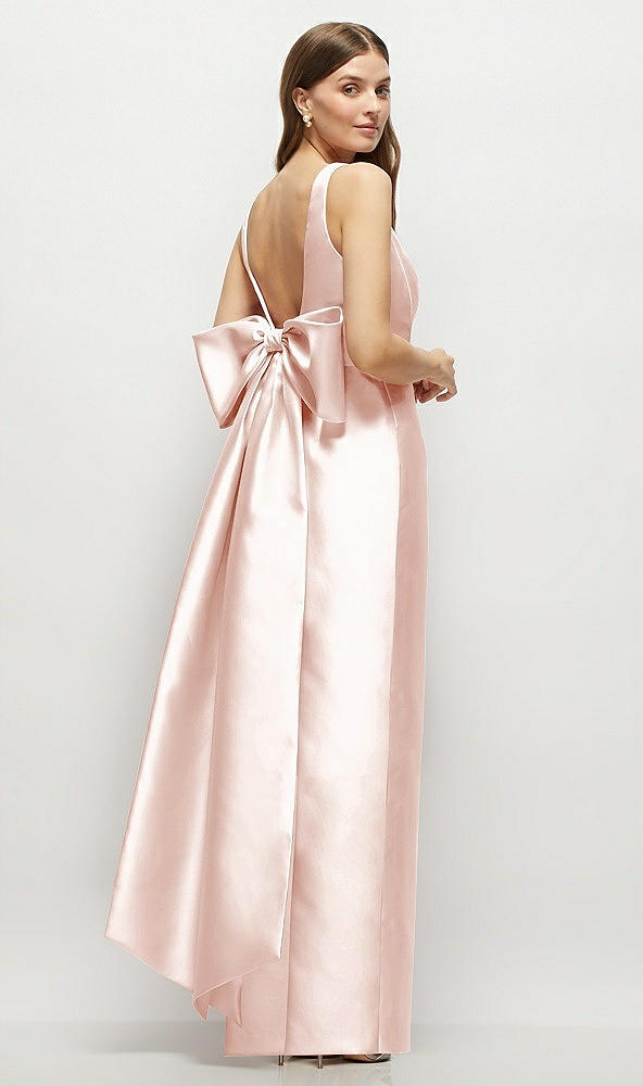 Front View - Blush Scoop Neck Corset Satin Maxi Dress with Floor-Length Bow Tails