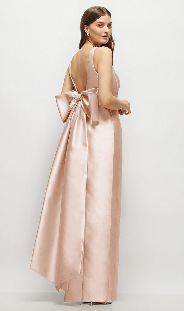 Front View - Cameo Scoop Neck Corset Satin Maxi Dress with Floor-Length Bow Tails