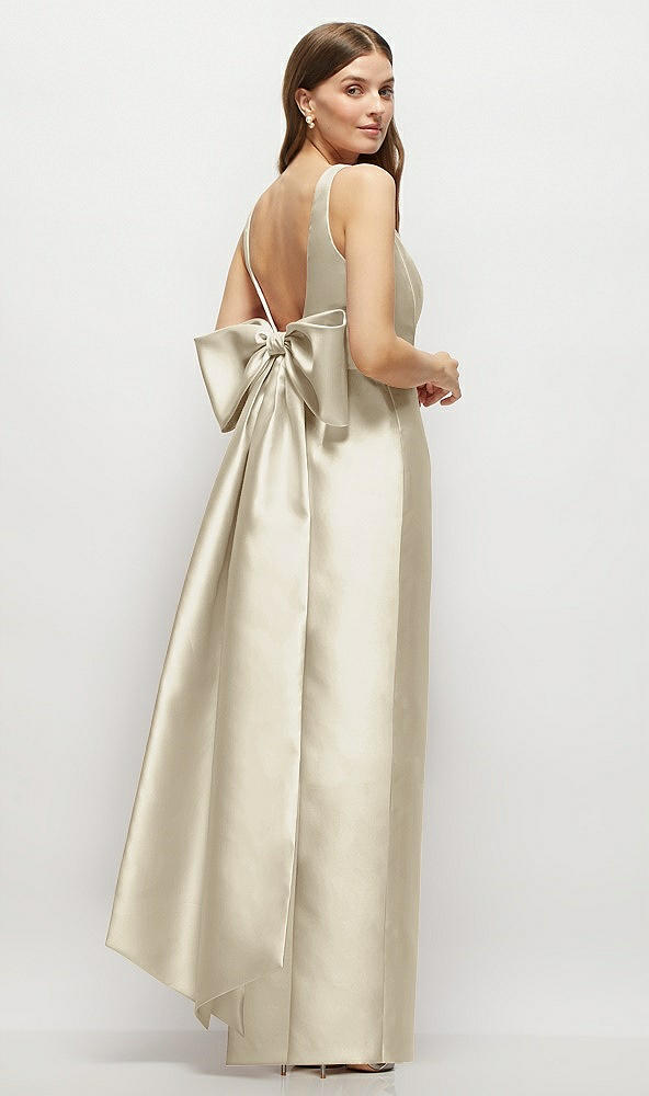 Front View - Champagne Scoop Neck Corset Satin Maxi Dress with Floor-Length Bow Tails