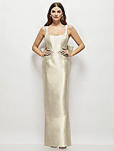 Rear View Thumbnail - Champagne Scoop Neck Corset Satin Maxi Dress with Floor-Length Bow Tails