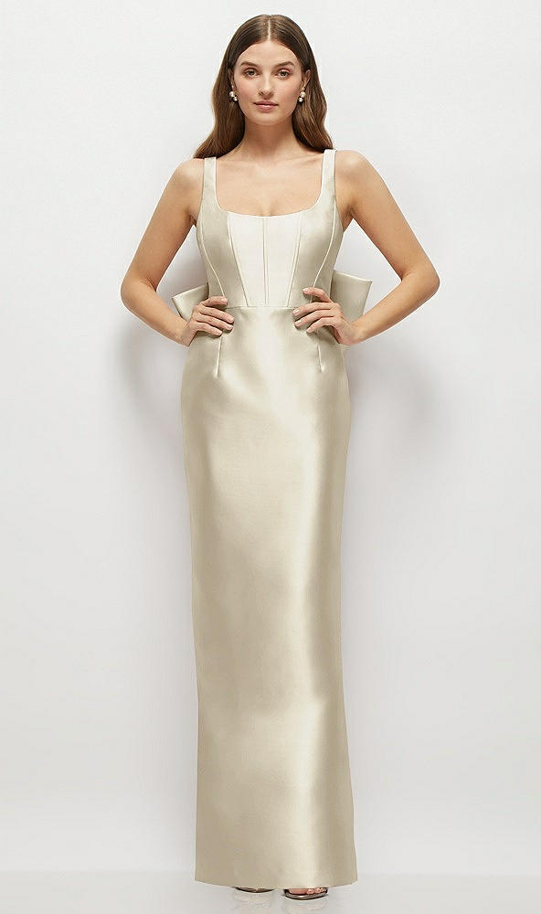 Back View - Champagne Scoop Neck Corset Satin Maxi Dress with Floor-Length Bow Tails