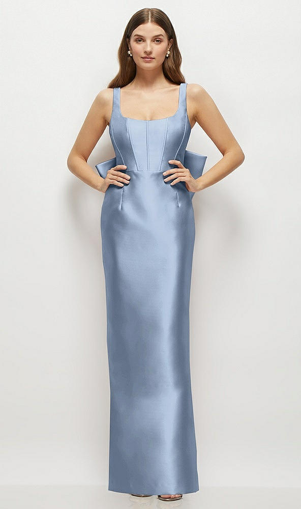 Back View - Cloudy Scoop Neck Corset Satin Maxi Dress with Floor-Length Bow Tails