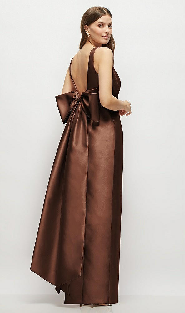 Front View - Cognac Scoop Neck Corset Satin Maxi Dress with Floor-Length Bow Tails