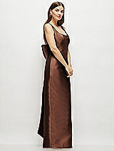 Side View Thumbnail - Cognac Scoop Neck Corset Satin Maxi Dress with Floor-Length Bow Tails