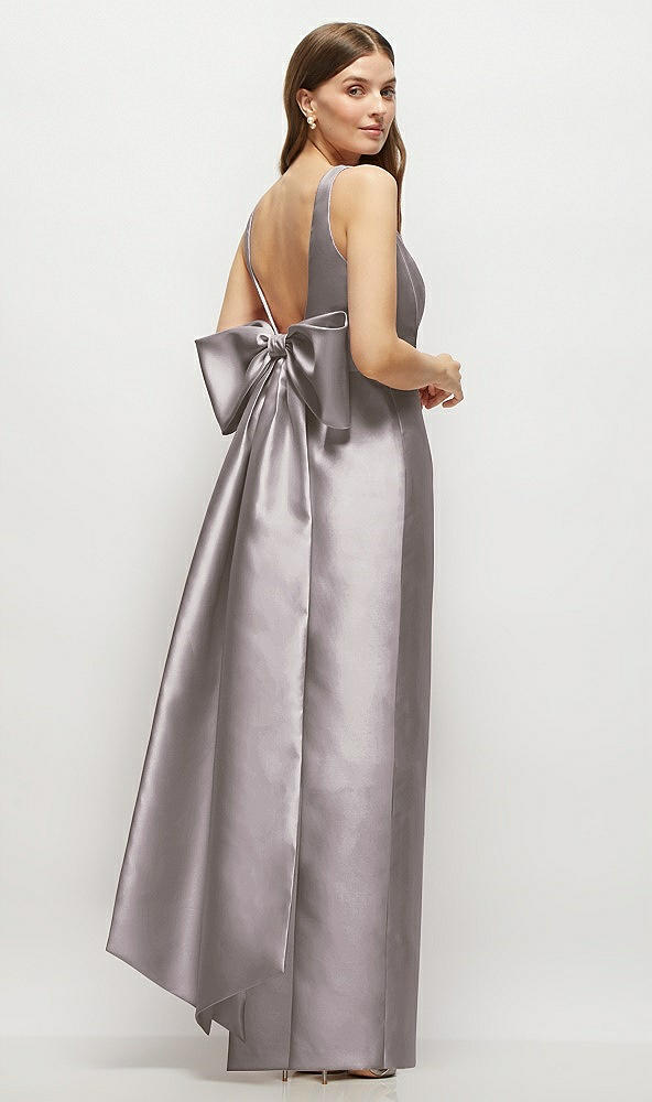 Front View - Cashmere Gray Scoop Neck Corset Satin Maxi Dress with Floor-Length Bow Tails