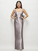 Rear View Thumbnail - Cashmere Gray Scoop Neck Corset Satin Maxi Dress with Floor-Length Bow Tails