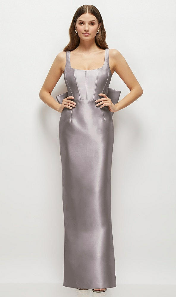 Back View - Cashmere Gray Scoop Neck Corset Satin Maxi Dress with Floor-Length Bow Tails