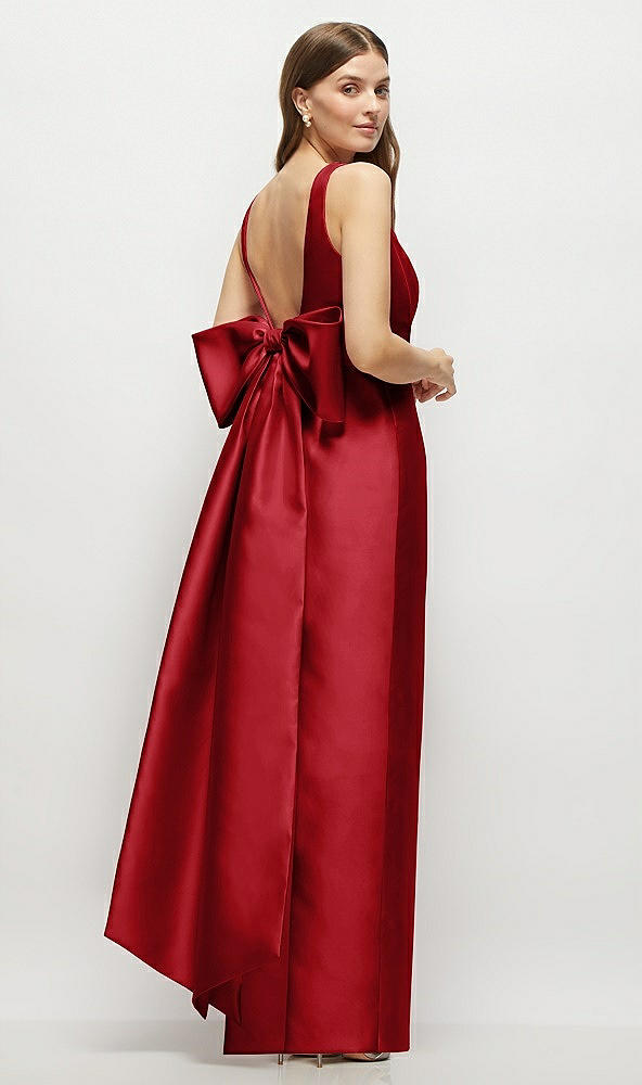 Front View - Garnet Scoop Neck Corset Satin Maxi Dress with Floor-Length Bow Tails