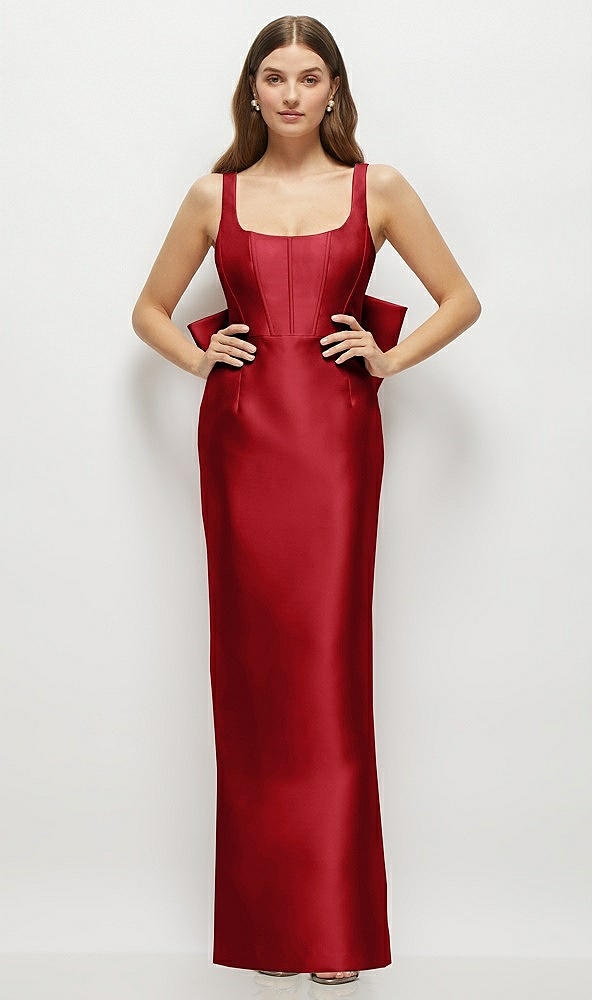 Back View - Garnet Scoop Neck Corset Satin Maxi Dress with Floor-Length Bow Tails