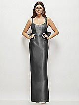Rear View Thumbnail - Gunmetal Scoop Neck Corset Satin Maxi Dress with Floor-Length Bow Tails