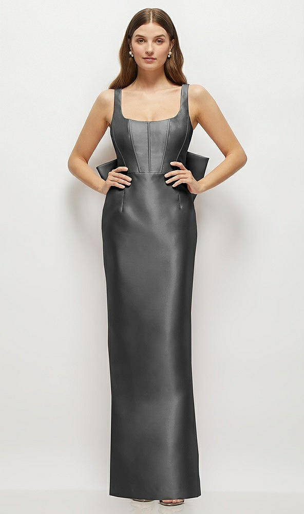 Back View - Gunmetal Scoop Neck Corset Satin Maxi Dress with Floor-Length Bow Tails