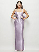 Rear View Thumbnail - Lilac Haze Scoop Neck Corset Satin Maxi Dress with Floor-Length Bow Tails