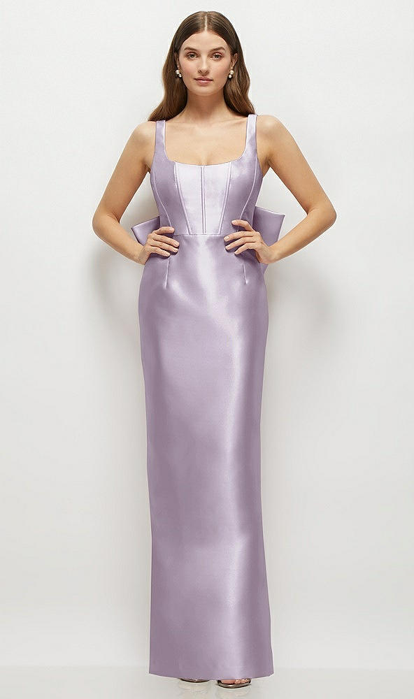 Back View - Lilac Haze Scoop Neck Corset Satin Maxi Dress with Floor-Length Bow Tails