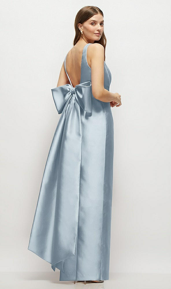 Front View - Mist Scoop Neck Corset Satin Maxi Dress with Floor-Length Bow Tails