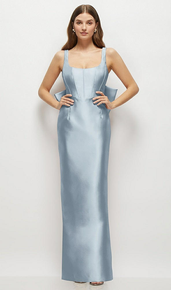 Back View - Mist Scoop Neck Corset Satin Maxi Dress with Floor-Length Bow Tails